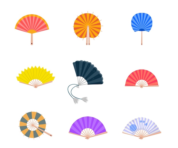 Free vector fans set yellow violet black blue red hand fans stickers pack oriental souvenir traditional asian accessory isolated cliparts collection on white background