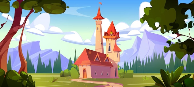 Fantasy castle on mountain landscape Vector cartoon illustration of medieval royal palace with towers green summer meadow with lawn tall trees and bushes blue sky with clouds game background