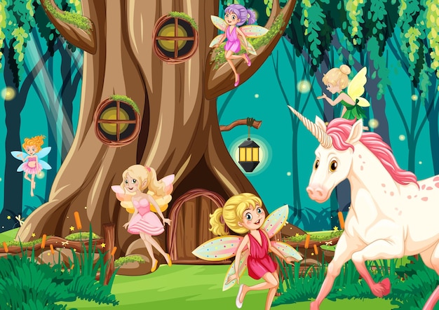 Fantasy forest with cute fairies