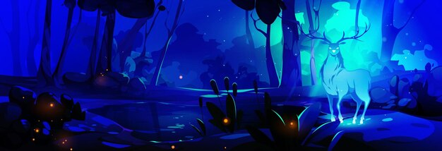 Fantasy magic glowing deer in dark night forest