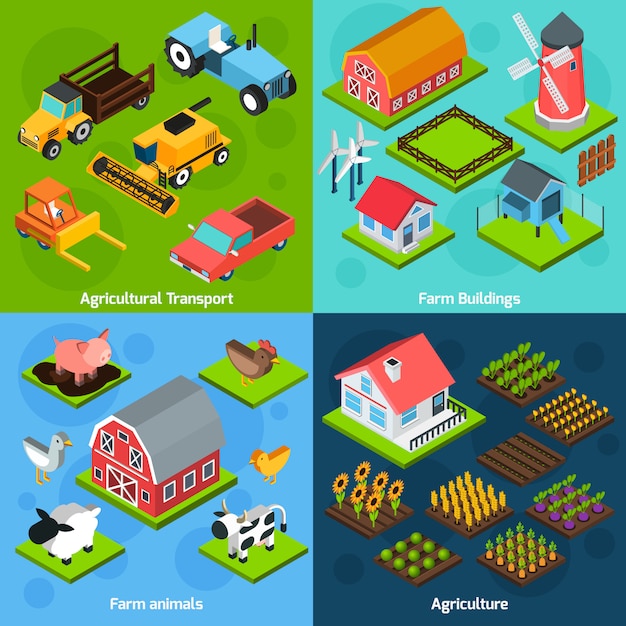 Free vector farm 4 isometric square icons coposition