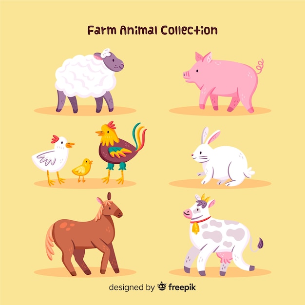 Free vector farm animals collection in hand drawn style