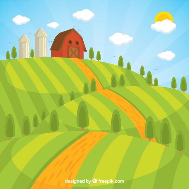 Farm landscape with barn in a sunny day