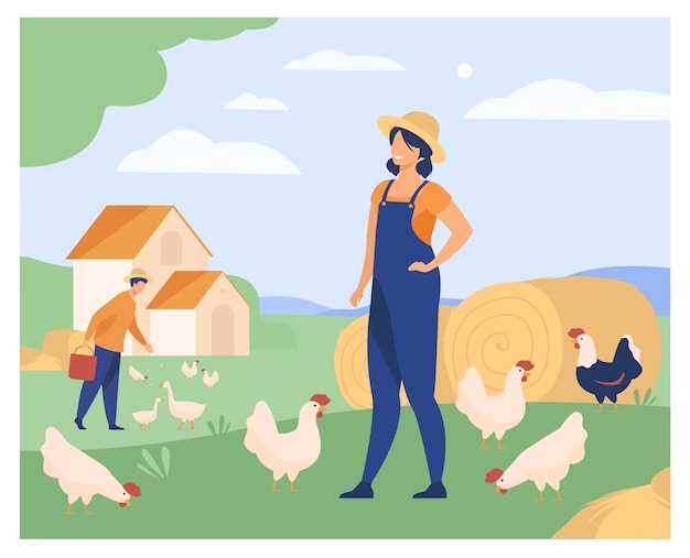 Free Vector farmers working on chicken farm isolated flat vector illustration. cartoon woman and man breeding poultry. agriculture and domestic birds