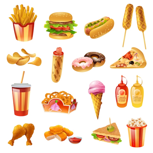 Free Vector fast food menu colorful icons set 