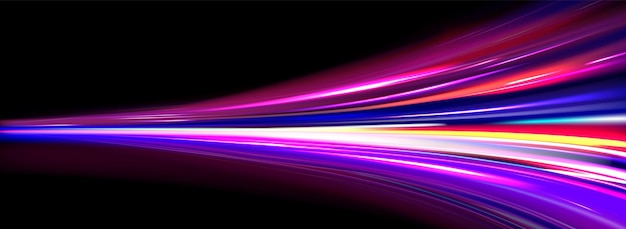 Free vector fast speed motion light effect on black background vector realistic illustration of abstract neon trail futuristic technology modern communication network energy velocity night traffic trace