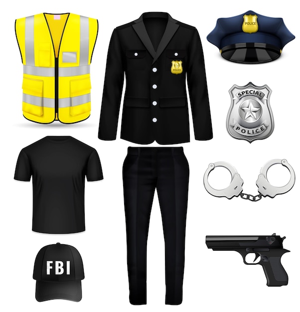 Free vector fbi policeman uniform and equipment realistic set with reflective vest handgun cap clothing handcuffs badge isolated vector illustration