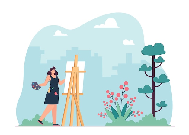 Free Vector female artist painting summer nature at easel. happy woman drawing landscape picture on vacation flat vector illustration. profession, art concept for banner, website design or landing web page