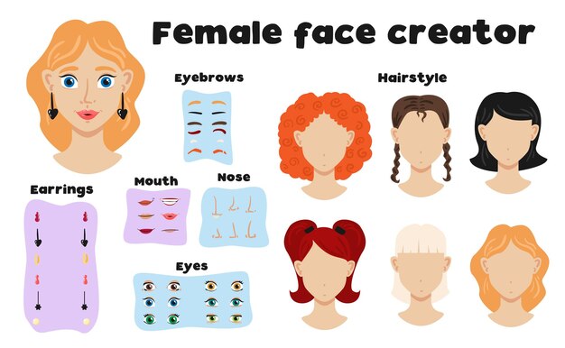 Female face constructor set of eyebrows hairstyle nose mouth eyes elements to create girl face flat  illustration