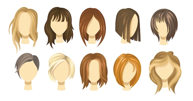 Free Vector female hair style collection. blond, brown and ginger haircuts for girls