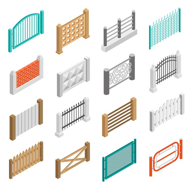 Fences Types Elements Icons Isometric Collection 