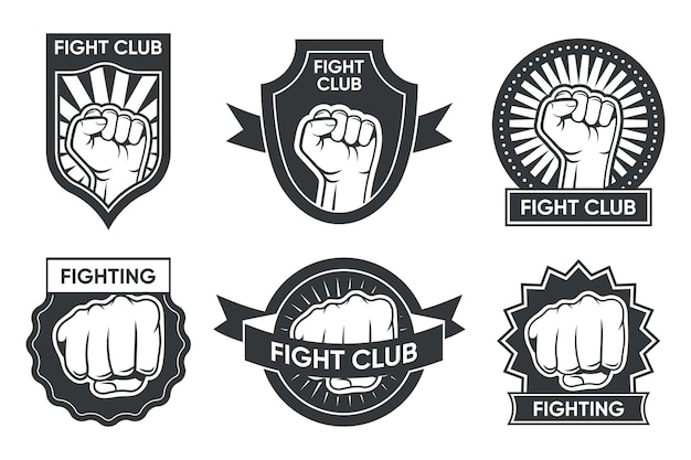 Vettore gratuito insieme di logo del club di combattimento. emblemi monocromatici vintage con braccio e pugno chiuso, medaglia e nastro. raccolta di illustrazione vettoriale per boxe o kickboxing, etichette di club di arti marziali