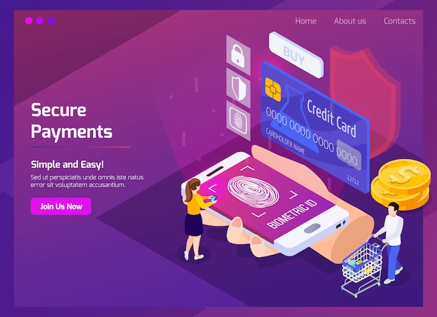 Free Vector financial technology secure payments isometric web page with glow and interface elements on purple