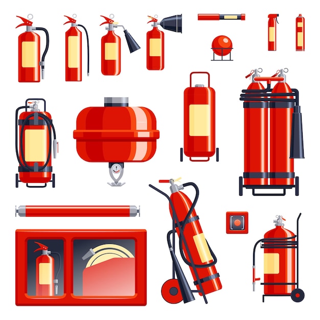 Free vector fire extinguisher set with isolated icons of fire fighter bottles of different size from various angles vector illustration
