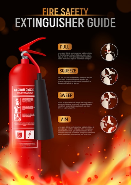 Free Vector fire extinguisher vertical poster with big image of fire-fighter flame and editable text with pictograms  illustration