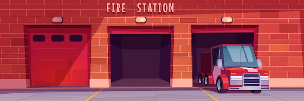 Fire station garage with red truck leaving box