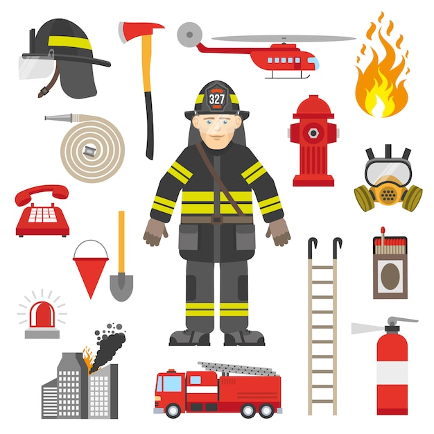 Free vector fireman professional equipment flat icons collection