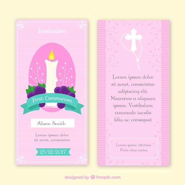 First communion invitation with candles and grapes