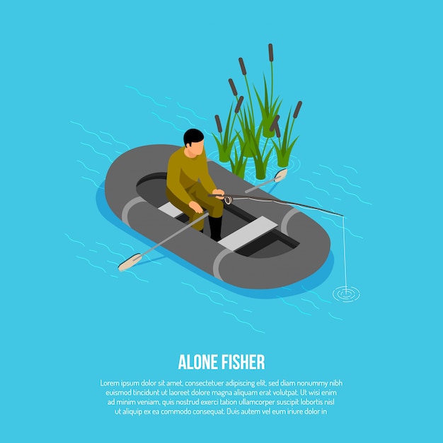 Free Vector fisherman with tackle during catching in rubber boat near reeds on blue  isometric