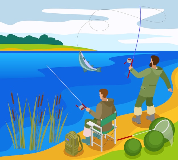 Free vector fishermen with tackles during catching fish on bank river isometric composition