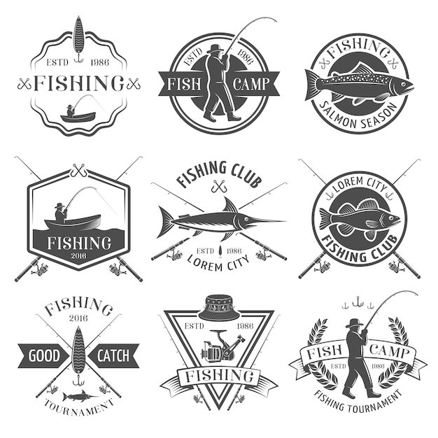 Free vector fishing club black emblems set