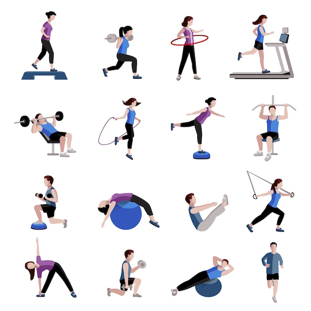 Free Vector fitness cardio exercise and equipment for men women two tints flat icons collections