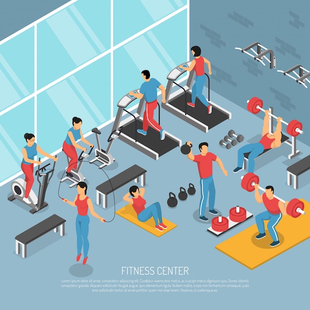 Free Vector fitness center interior isometric illustration 