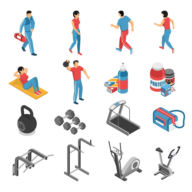 Free Vector fitness health isometric icons and characters set 