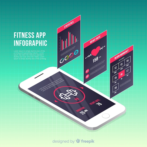 Free Vector fitness mobile app infographic template isometric style