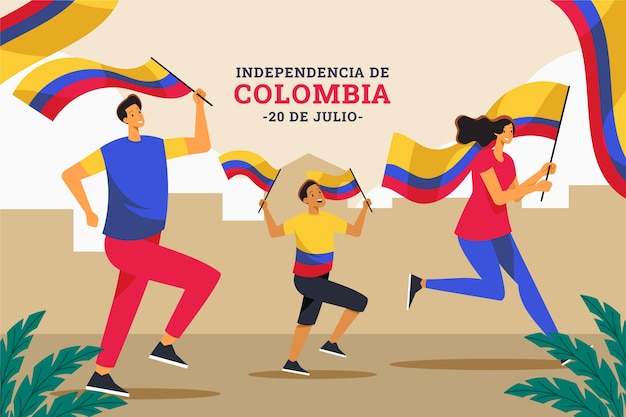 Flat 20 de julio illustration with people holding colombian flags