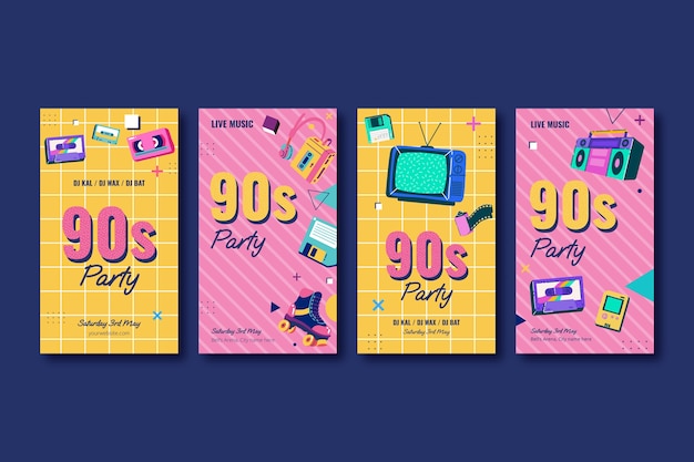 Free vector flat 90s party instagram stories collection