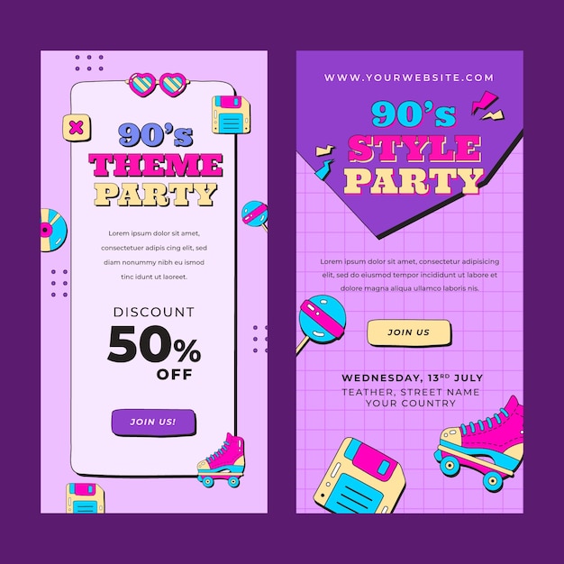 Free vector flat 90s party vertical banners pack