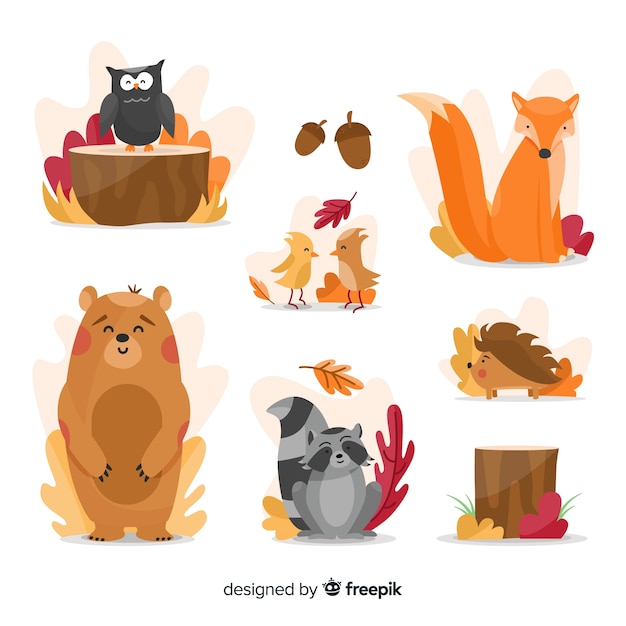 Free Vector flat autumn forest animals collection