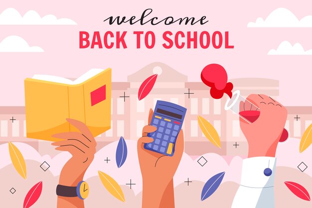 Flat back to school background with hands holding supplies