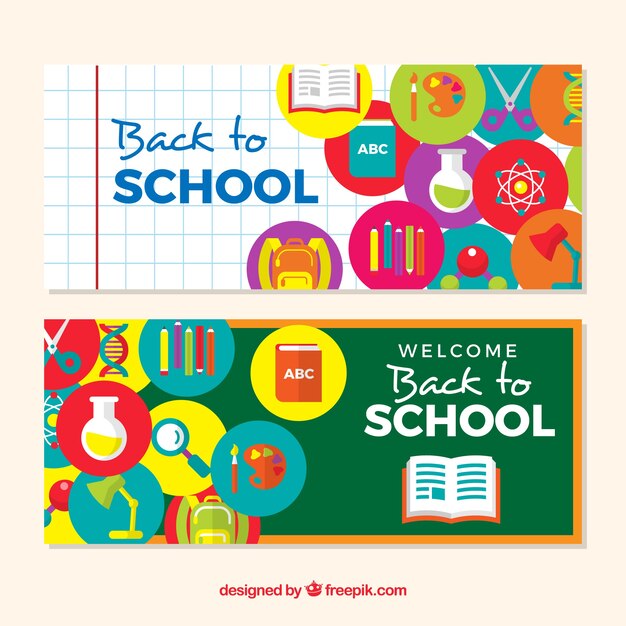 Flat back to school banners with icons