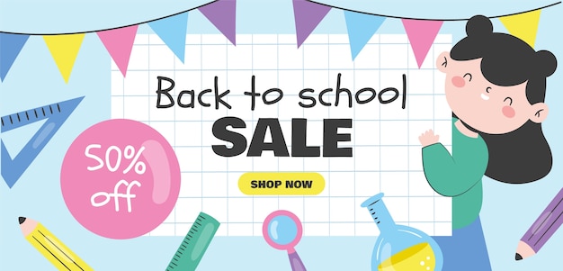 Free vector flat back to school sale banner template with supplies and student