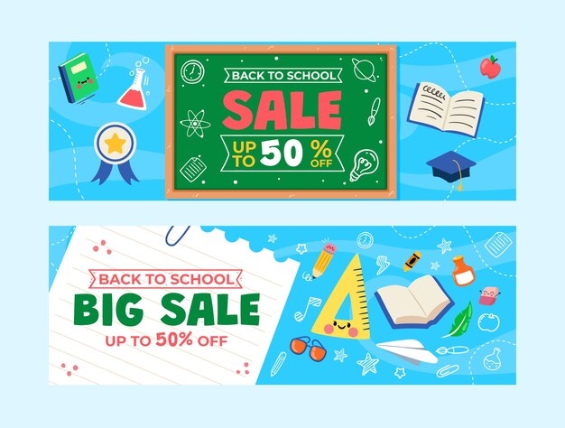 Flat back to school sale horizontal banners set with backboard and supplies