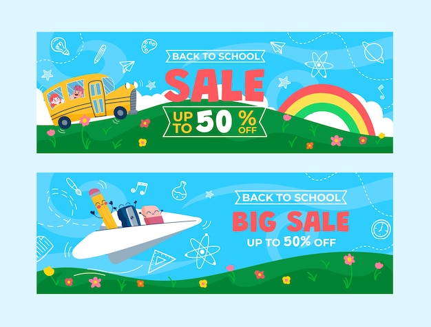 Free vector flat back to school sale horizontal banners set with rainbow and school bus
