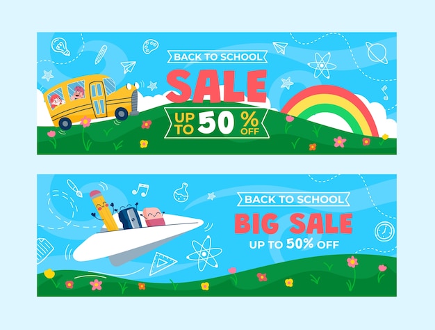 Flat back to school sale horizontal banners set with rainbow and school bus