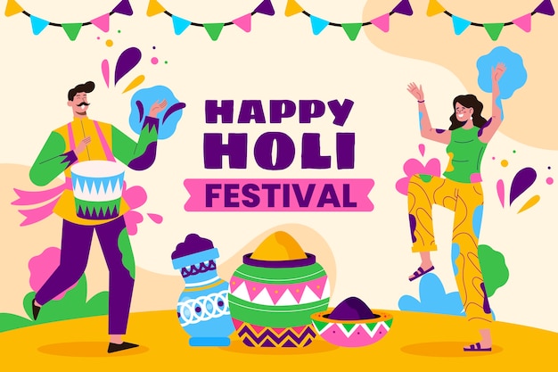 Flat background for holi festival celebration