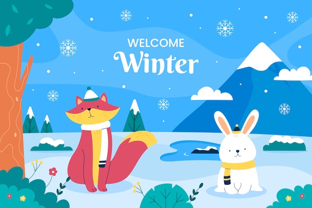 Free Vector flat background for winter season with fox and bunny