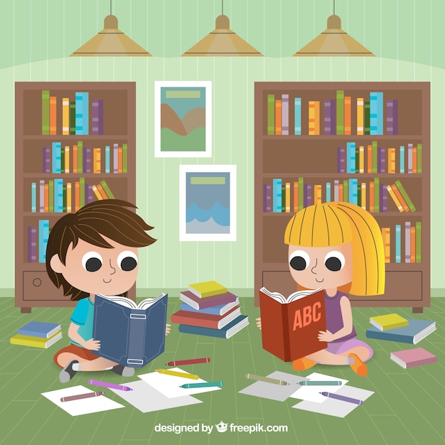 Flat background with children sitting on the floor and reading