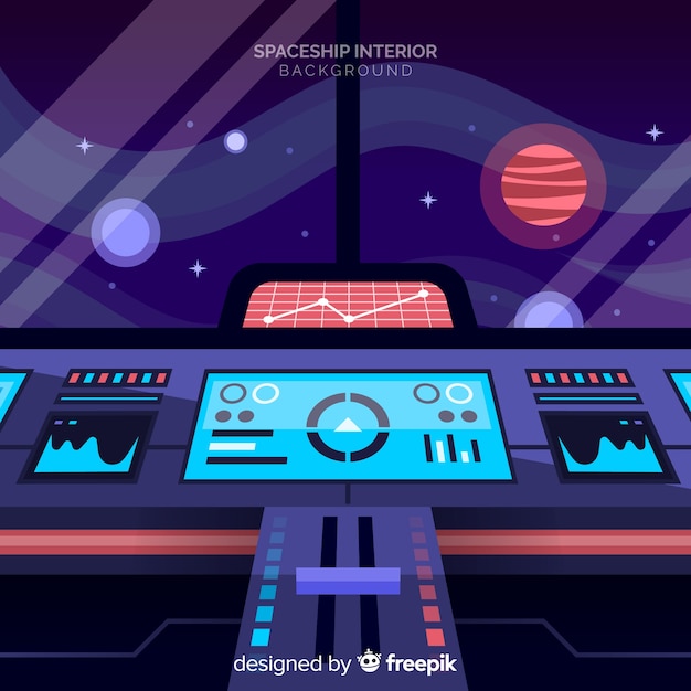 Flat background with interior design of spaceship