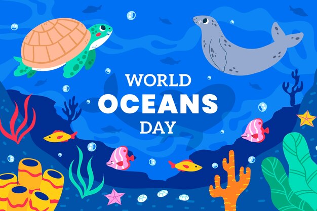 Flat background for world oceans day celebration with oceanic life