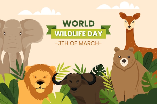 Free vector flat background for world wildlife day with flora and fauna