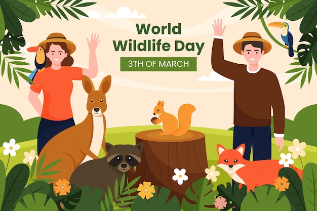 Flat background for world wildlife day with flora and fauna