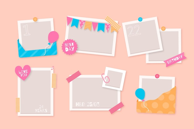 Free vector flat birthday collage frames collection