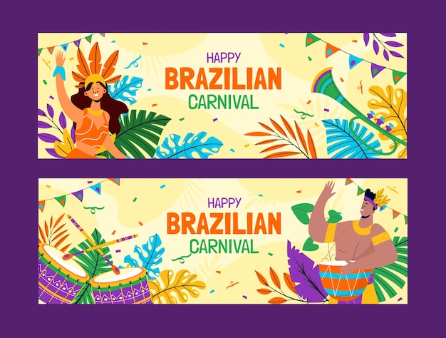 Free Vector flat brazilian carnival celebration horizontal banners set