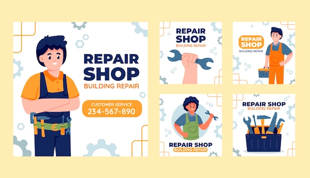 Free Vector flat car repair shop services instagram posts collection