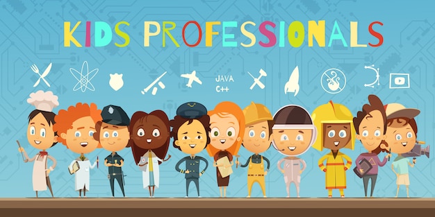 Free vector flat cartoon composition with group of children wearing in costumes of professionals